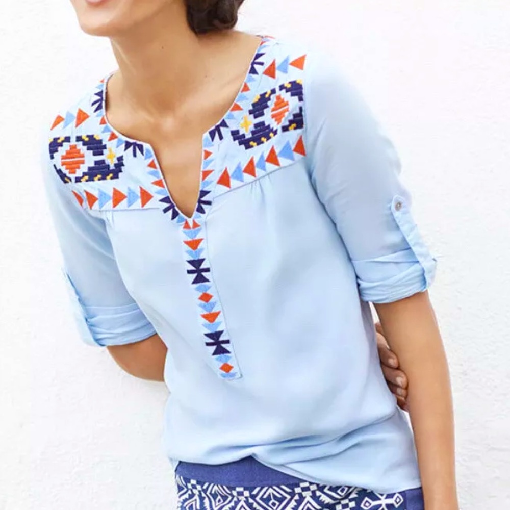 THML Western Boho Embroidered Popover Tunic Blouse